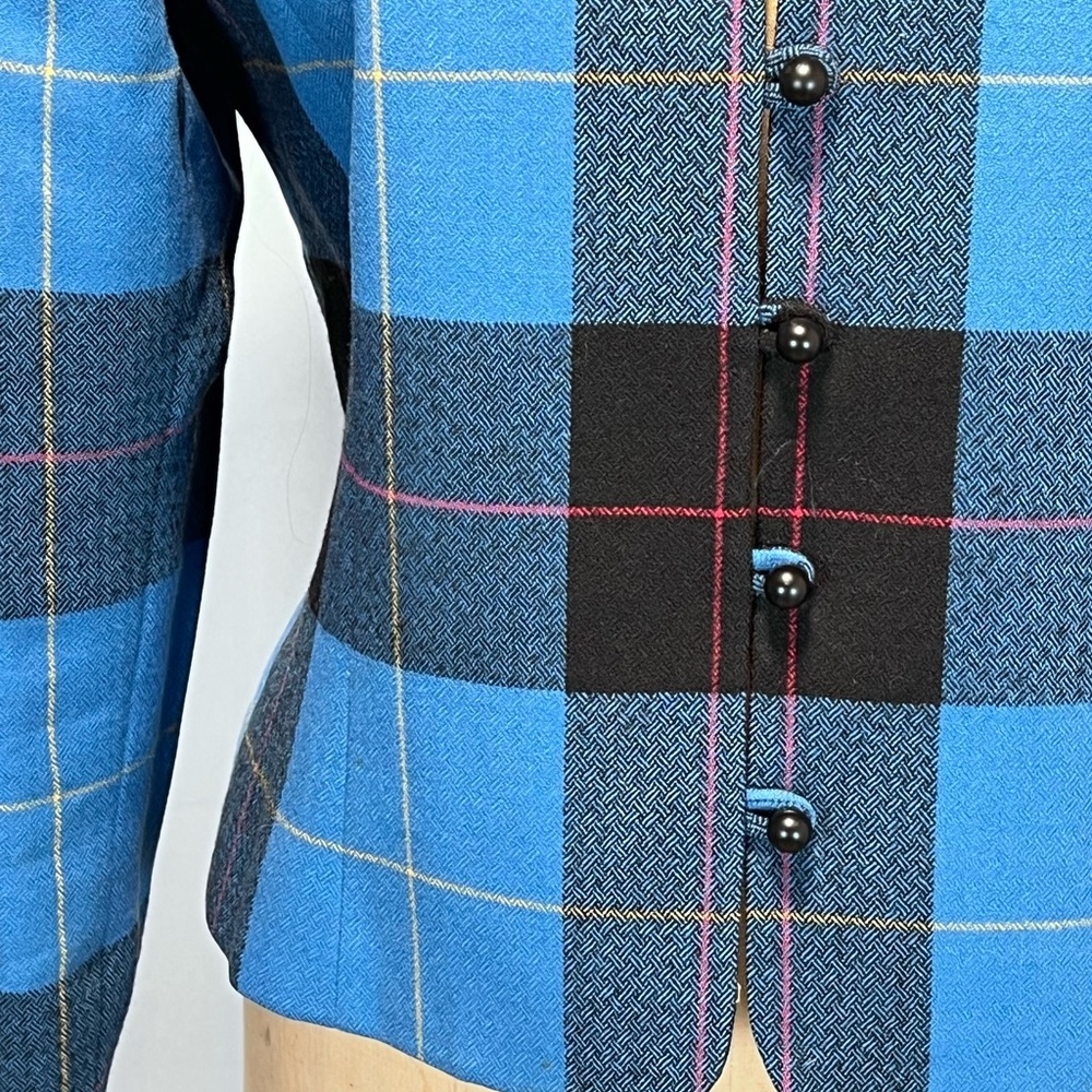 VINTAGE 80s wool tartan plaid blazer jacket button front collarless tailored 90s - Picture 5 of 12